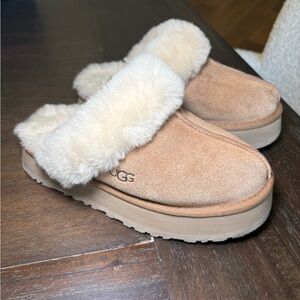 UGG Chestnut Suede Slippers with Plush White Lining
